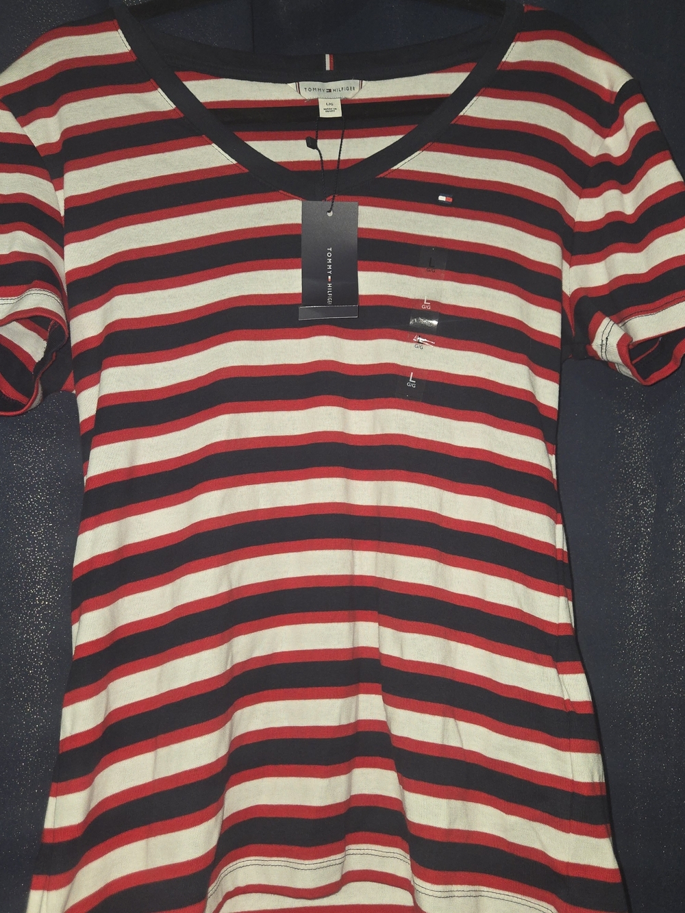 Tommy Hilfiger Red, Navy & White Striped V-Neck Womenβs Tee